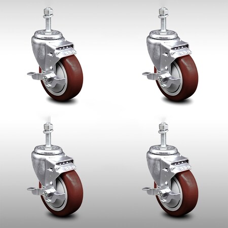 Service Caster 4 Inch SS Maroon Polyurethane Swivel 10mm Threaded Stem Caster Set Brake SCC SCC-SSTS20S414-PPUB-MRN-TLB-M1015-4